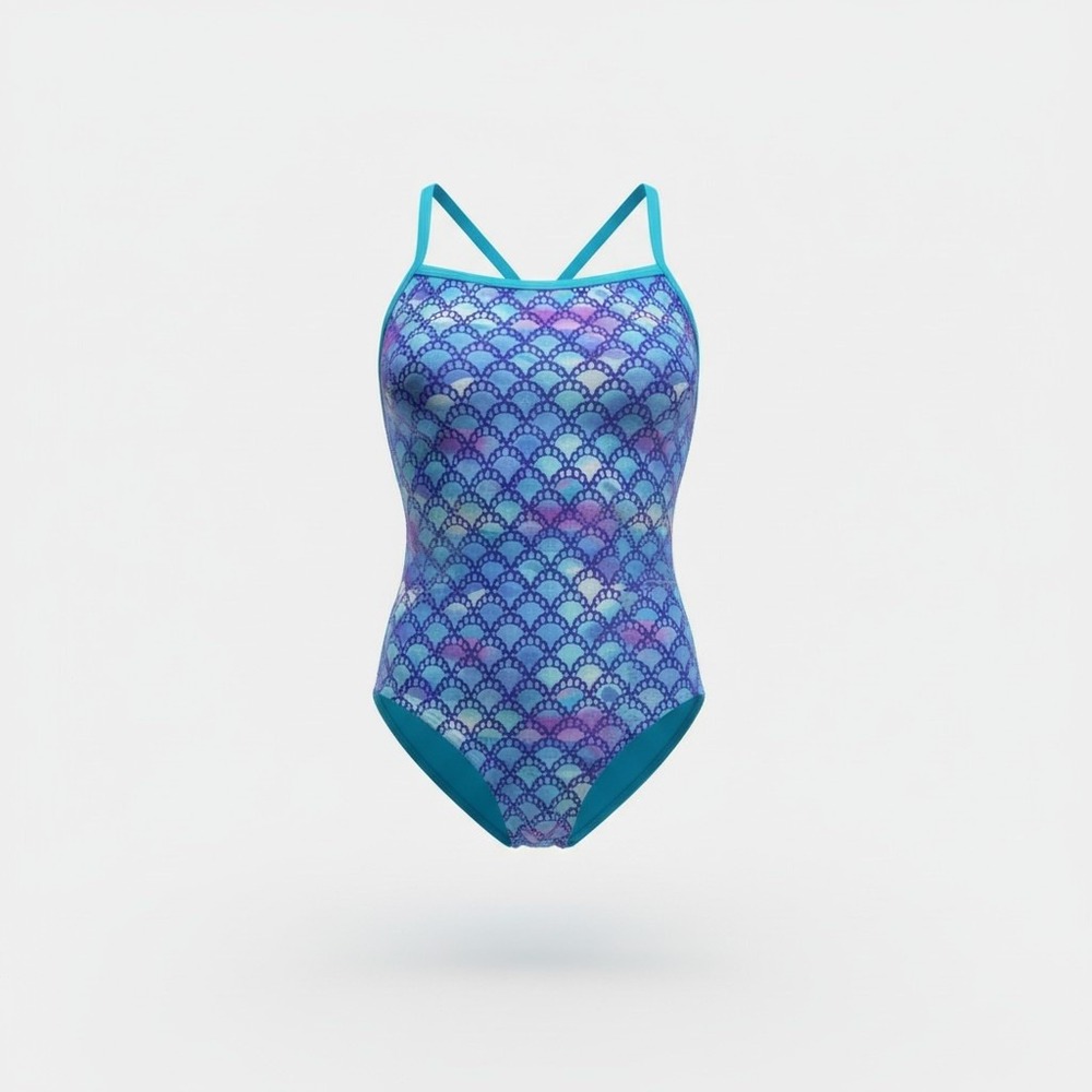 Wonder Nation Girls Blue Purple Mermaid Scale One‎ Piece Swimsuit Size M 7-8